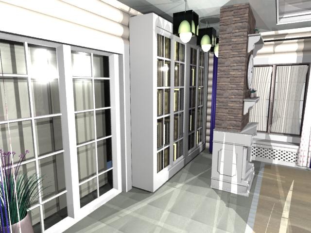 гостиная с камином и библиотекой в доме из бруса