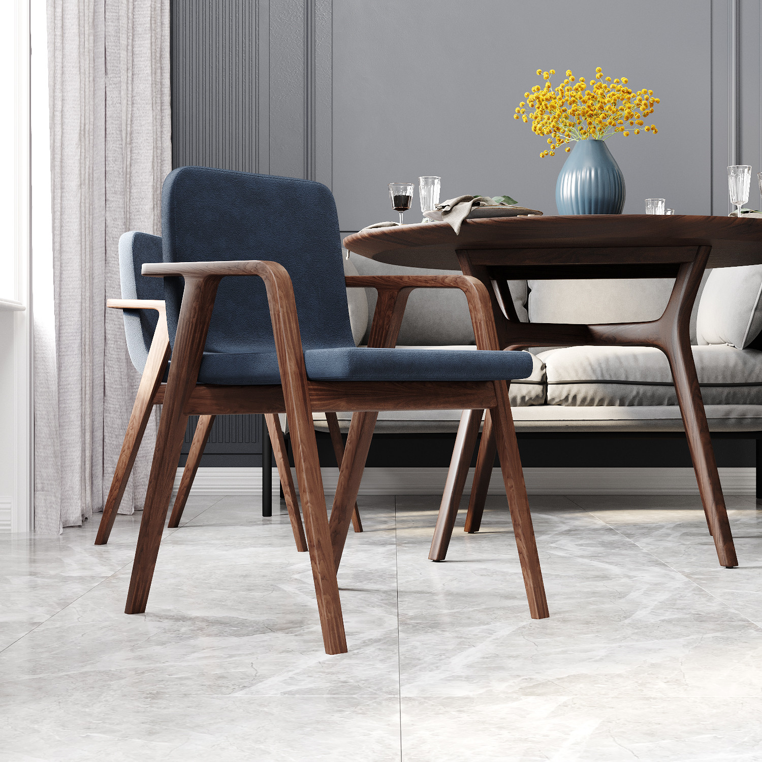 Уютная столовая в голубых оттенках с обеденной группой Artfabric