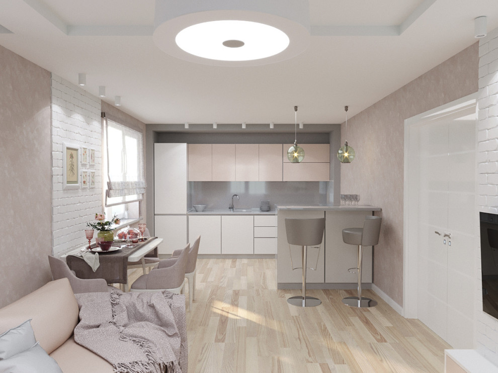 Кухня-гостиная в пудровых тонах