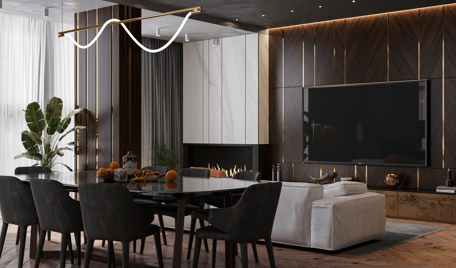 Стильная функциональная кухня-гостиная для успешного мужчины