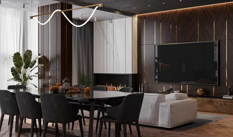 Стильная функциональная кухня-гостиная для успешного мужчины