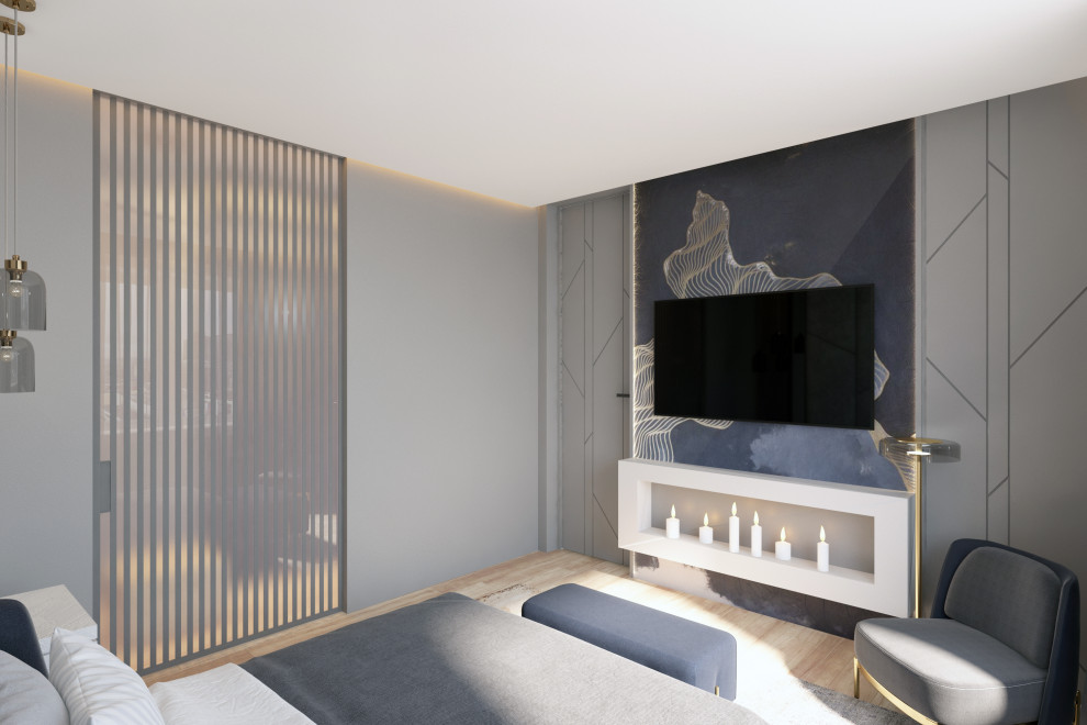 Дизайн мастер спальни двухуровневой квартиры в Москве