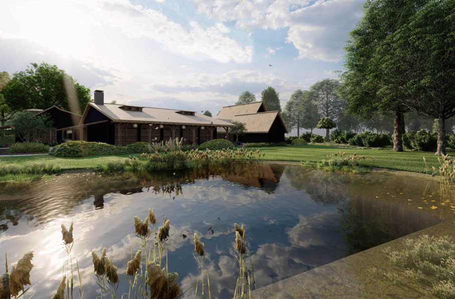 Проект участка с озером, бассейном и большой патио-зоной у дерева