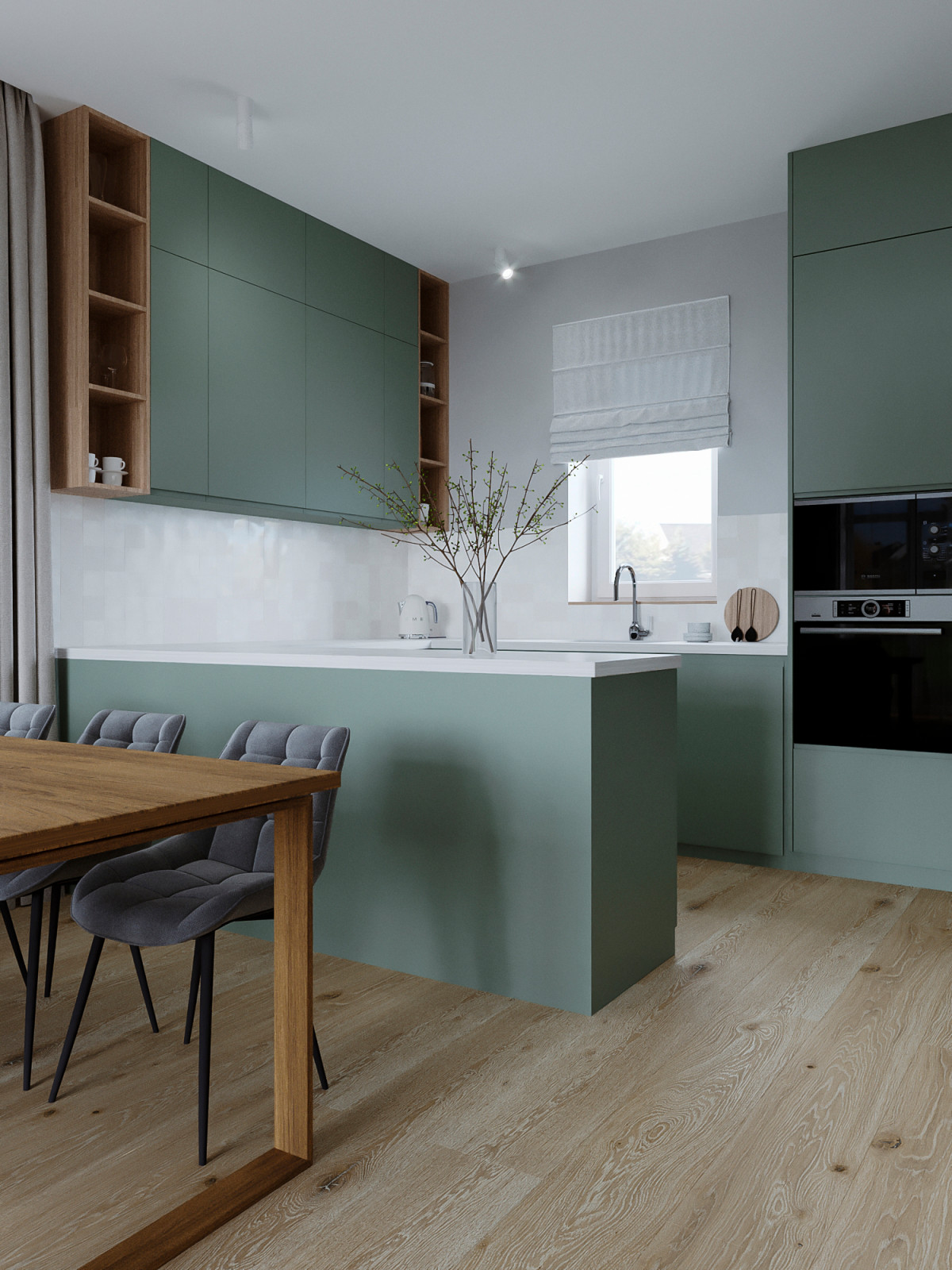 Современный интерьер дома с акцентами лестного цвета