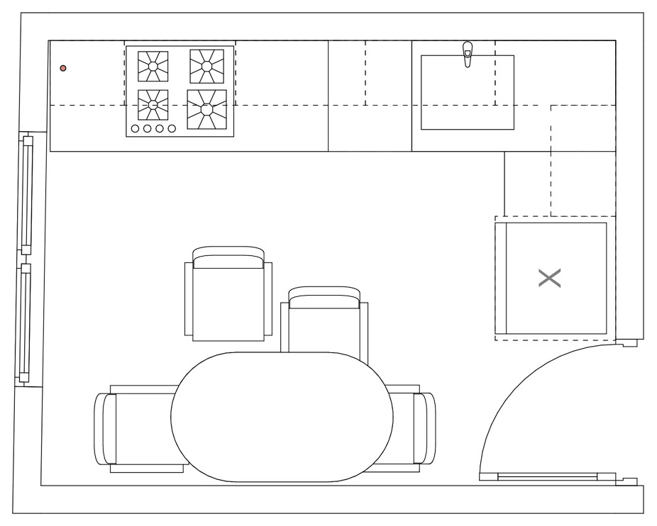 Маленькая кухня с ярким фартуком.