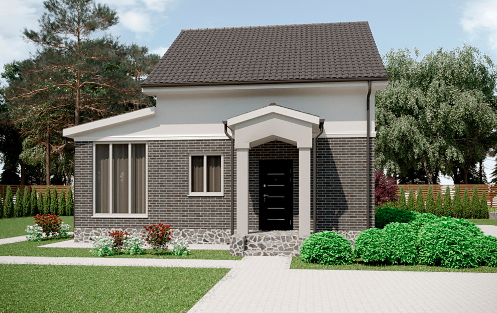 "Экстерьер небольшого домика с ландшафтом"