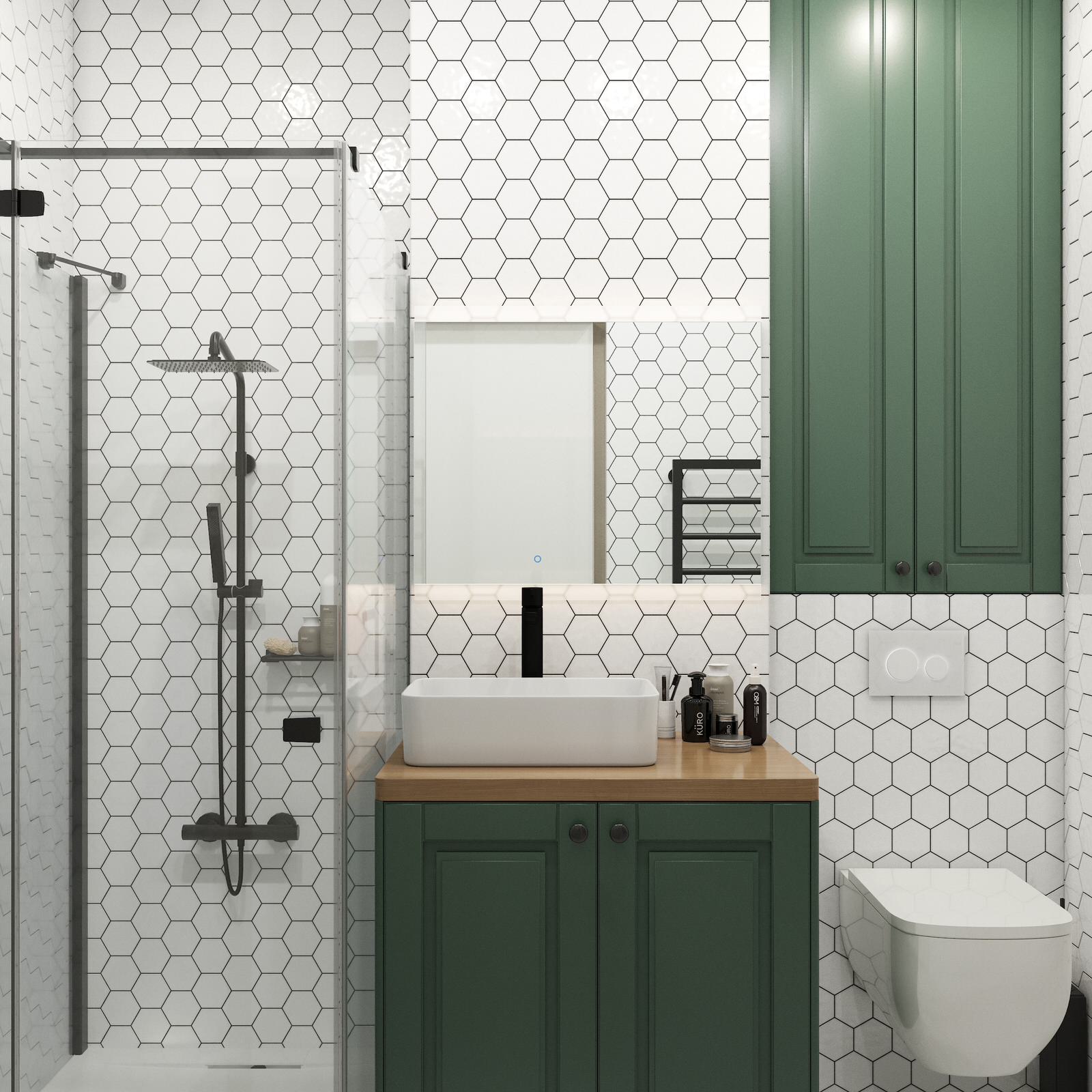 Ванная комната. Душевая кабина,унитаз, под раковиной стиральная машина