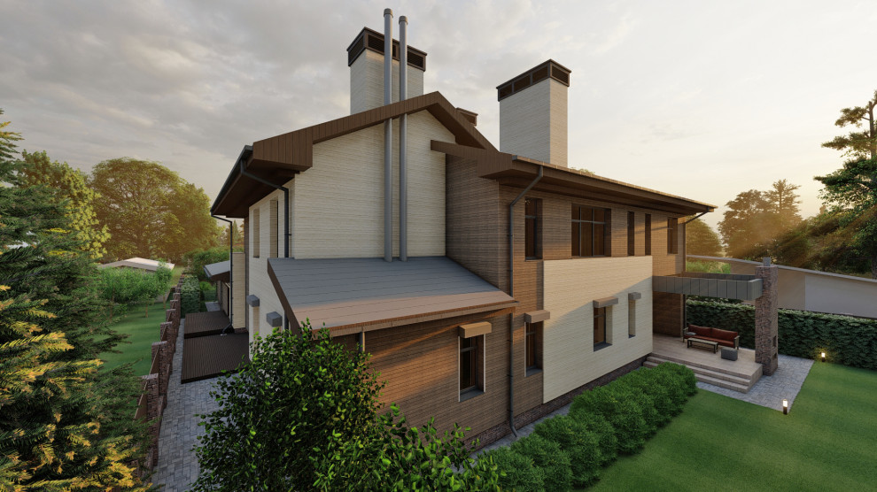 Дом с бассейном и верандой с камином