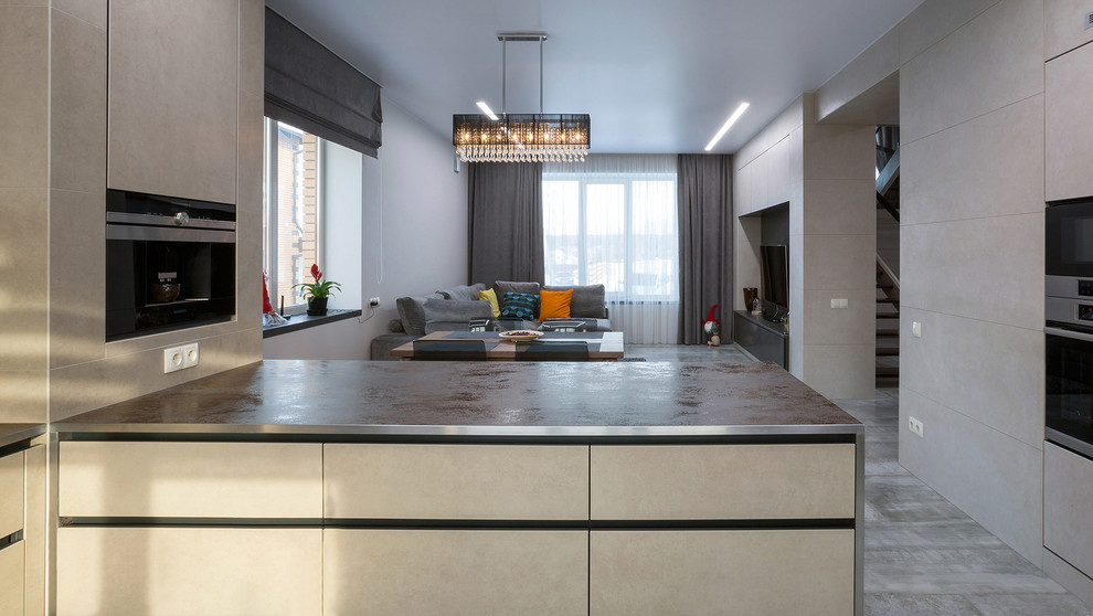 Кухня-гостиная из керамики, текстуры камень, цемент, металл