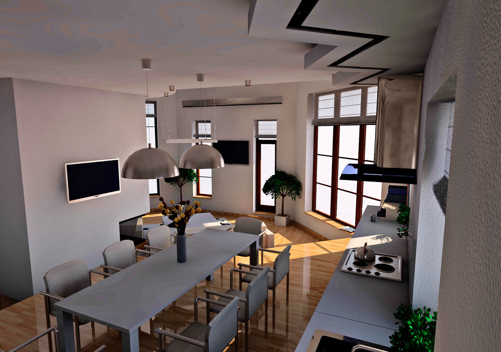 Общее пространство - прихожая, кухня, столовая, гостиная, лестница.