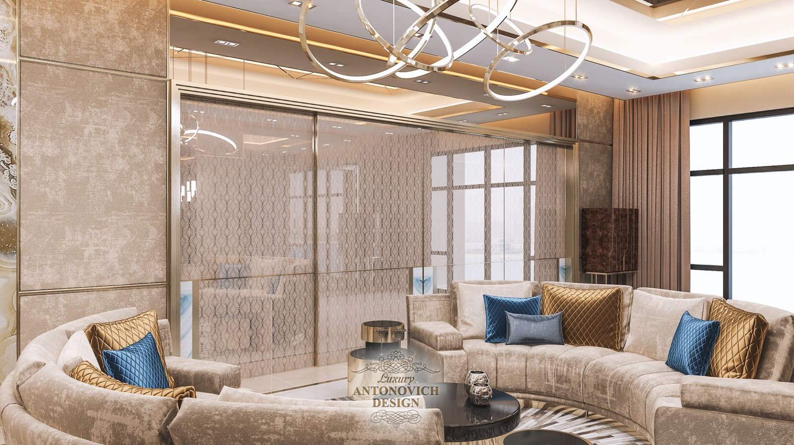 Камень и золото в интерьере гостиной