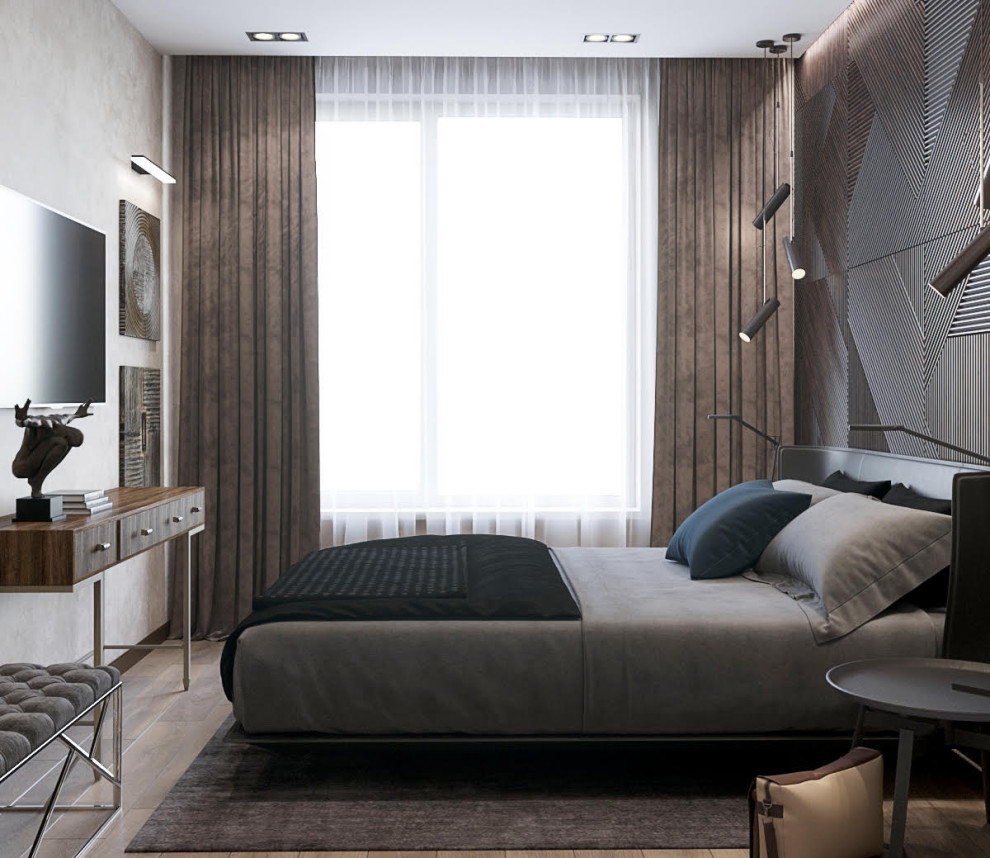 Стильная спальня с 3Dпанно и черным потолком