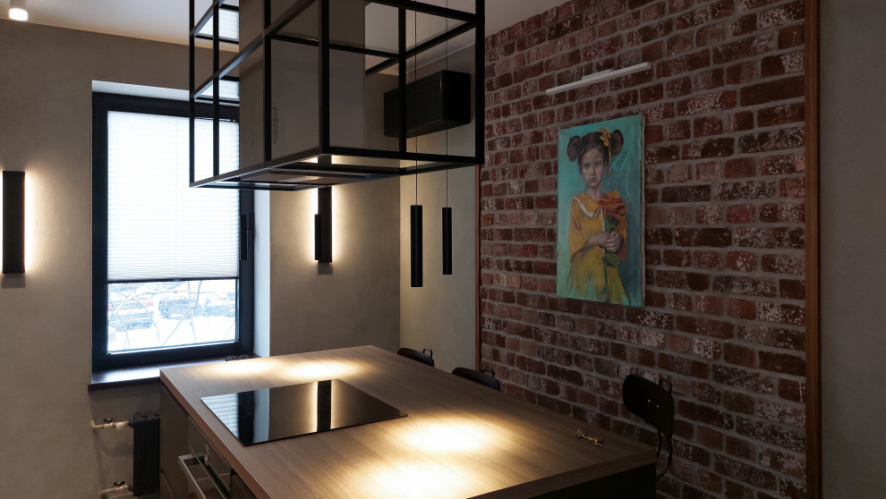 Лофт в квартире фотографа: кухня и холл, 103 кв. м.