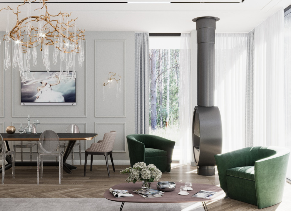 Проект интерьера общей зоны современного коттеджа