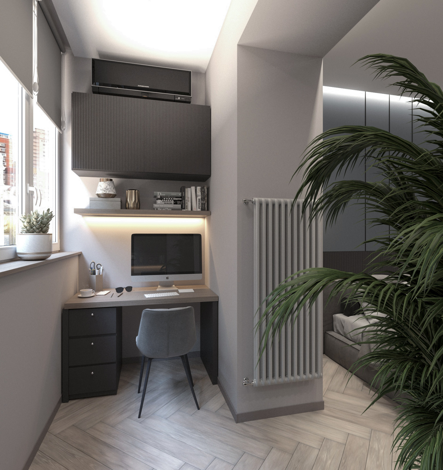 Просторная квартира в синими стенами