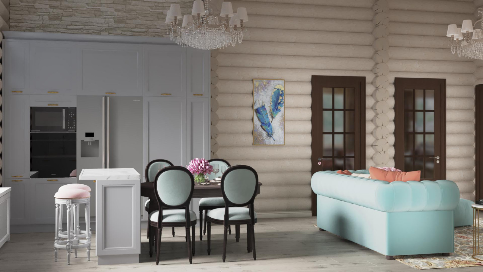 Кухня - гостиная в бревенчатом доме