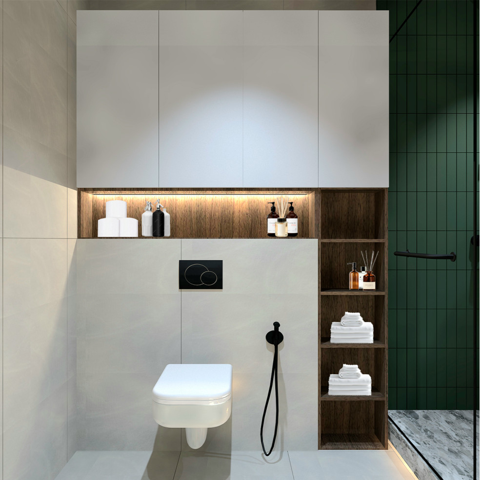 Дизайн ванной с яркими акцентами.