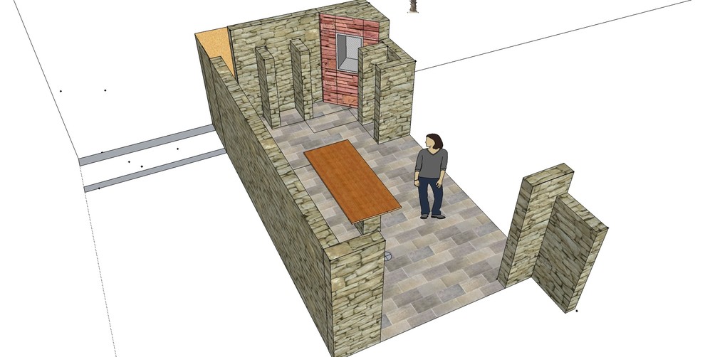 Обустройство частного двора с фасадом и элементами из сварных габионов.