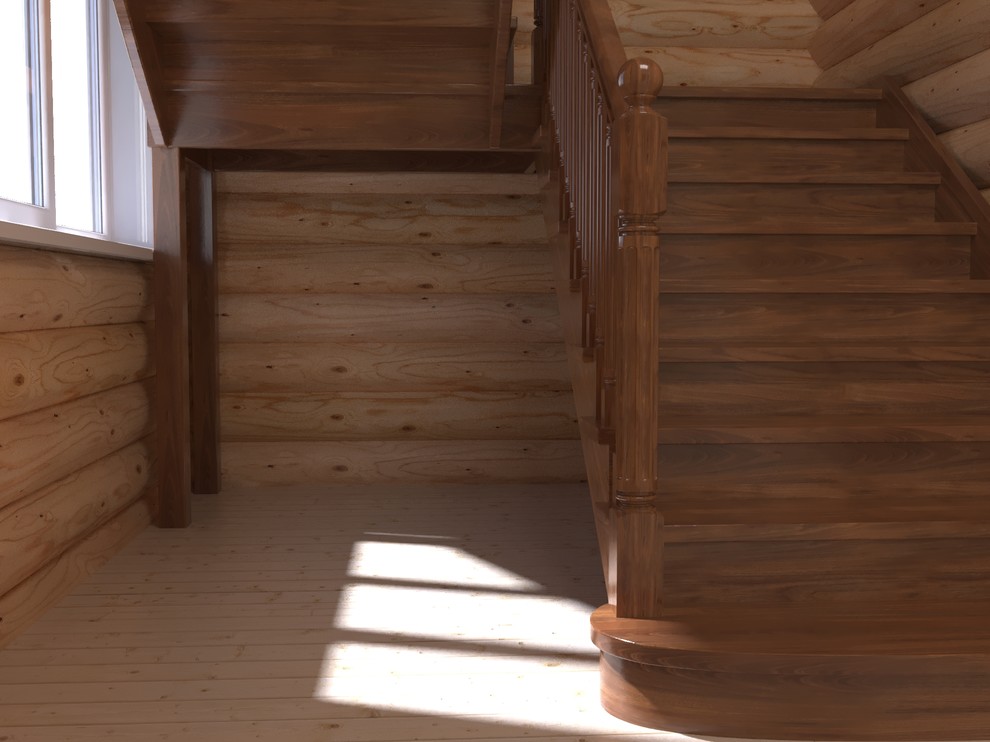3D визуализация лестницы из дуба в бревенчатом дом