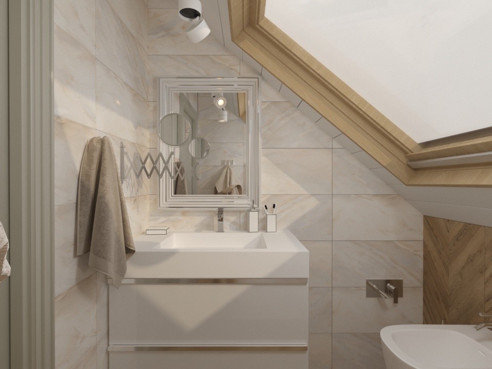 Санузел с мансардным окном в доме на берегу Волги