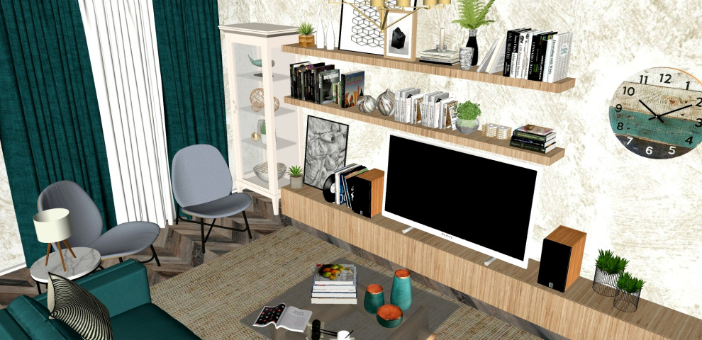 Гостиная-столовая с бирюзовым акцентом