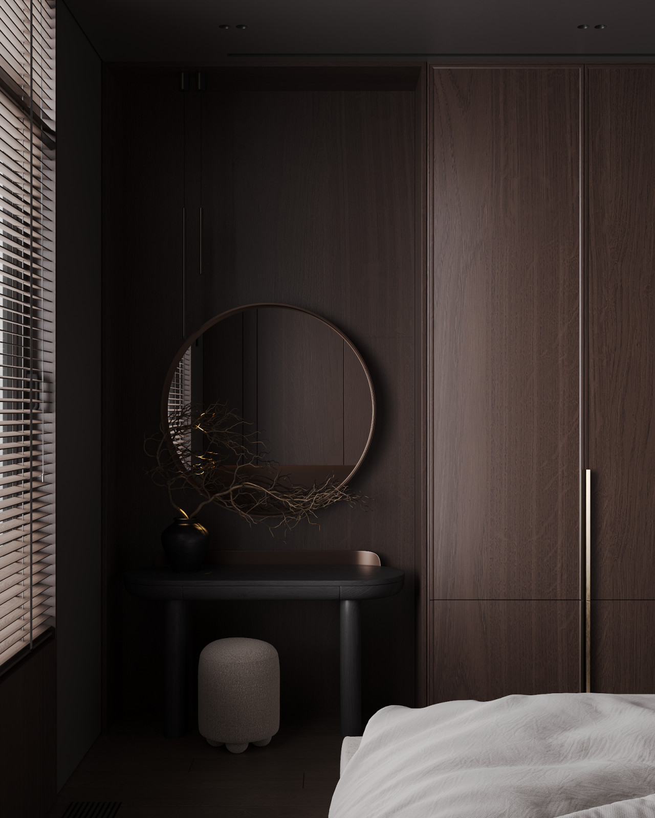 Визуализация интерьера спальни в темных тонах
