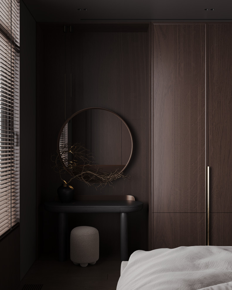 Визуализация интерьера спальни в темных тонах