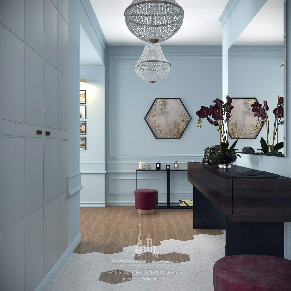 Океанский подарок. Бордовые акценты в московской 3-комнатной квартире