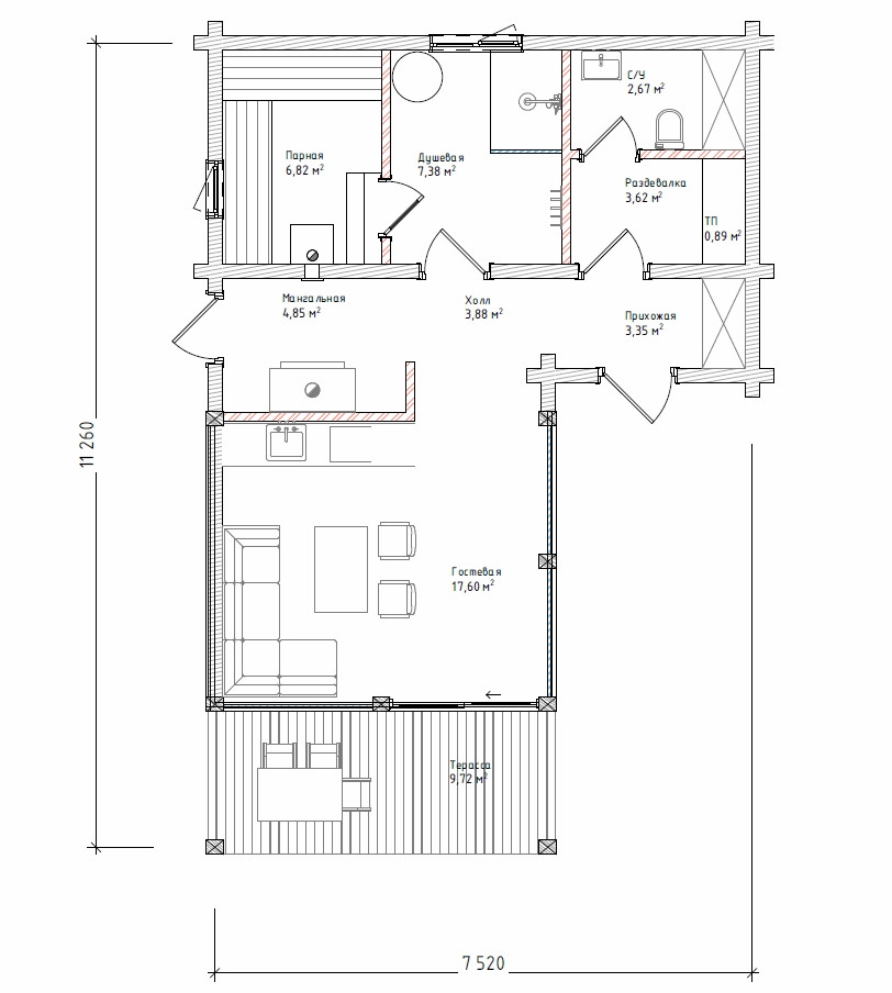 Проект бани по гибридной технологии-Клееный брус совмещенный с Фахверком