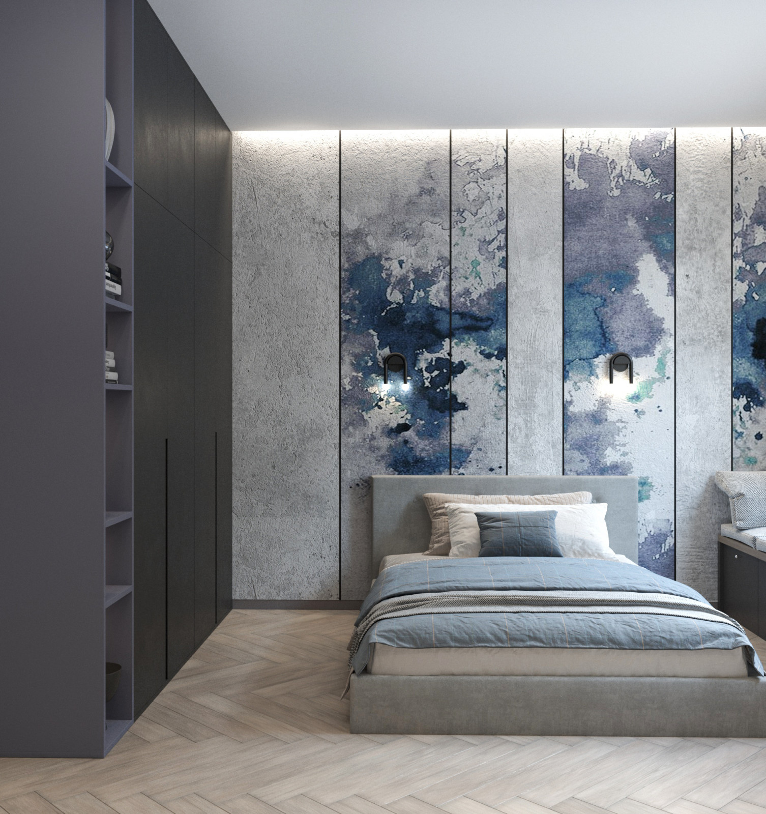 Просторная квартира в синими стенами