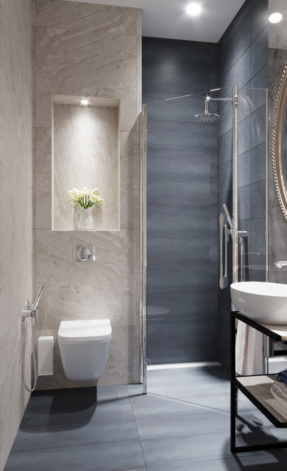 Обложка проекта: Душевая в классических тонах и голубых оттенках