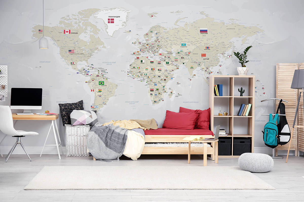 Фотообои Карта мира с флагами государств серая