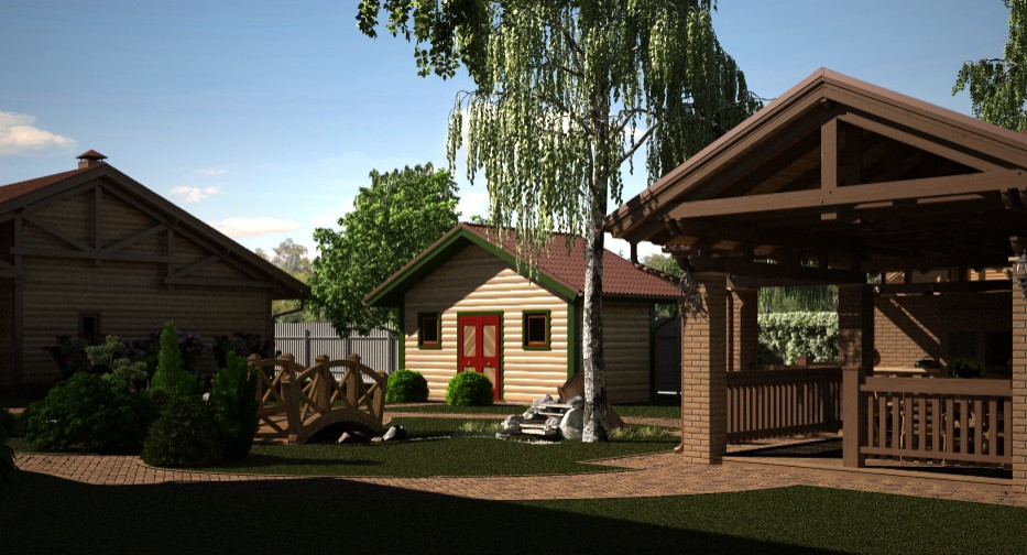 Ландшафтный дизайн для дома из оцилиндрованного бревна