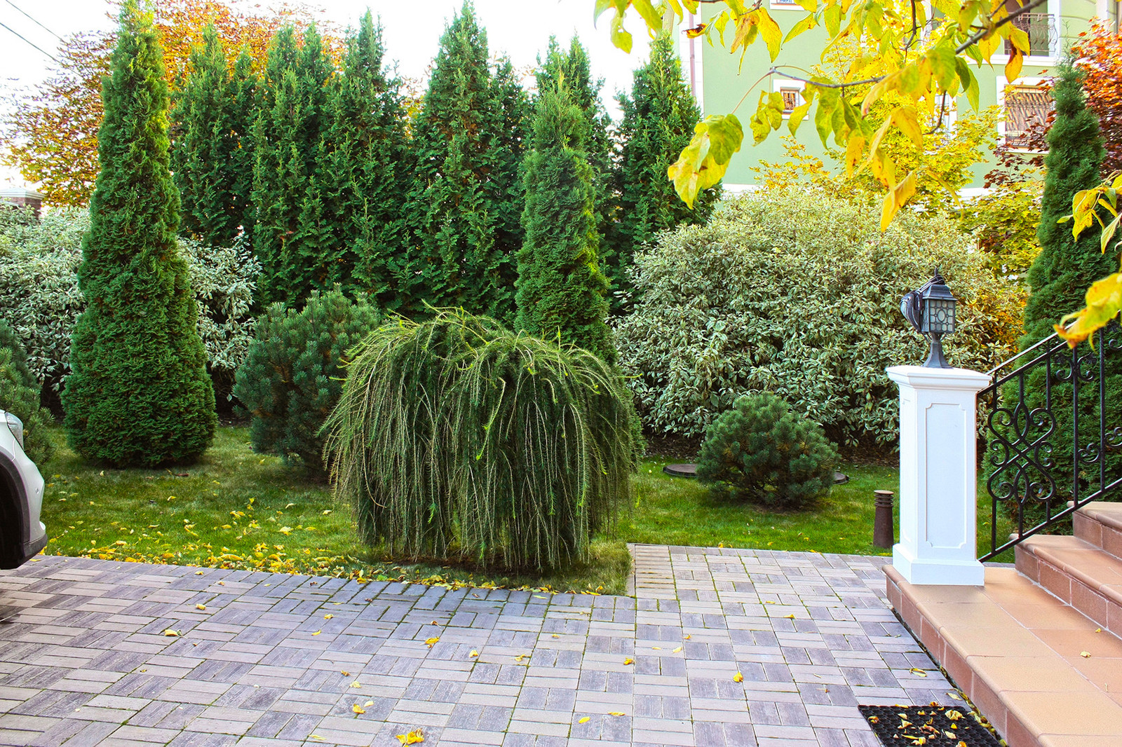 Ландшафтная композиция в регулярном стиле у входа в дом.