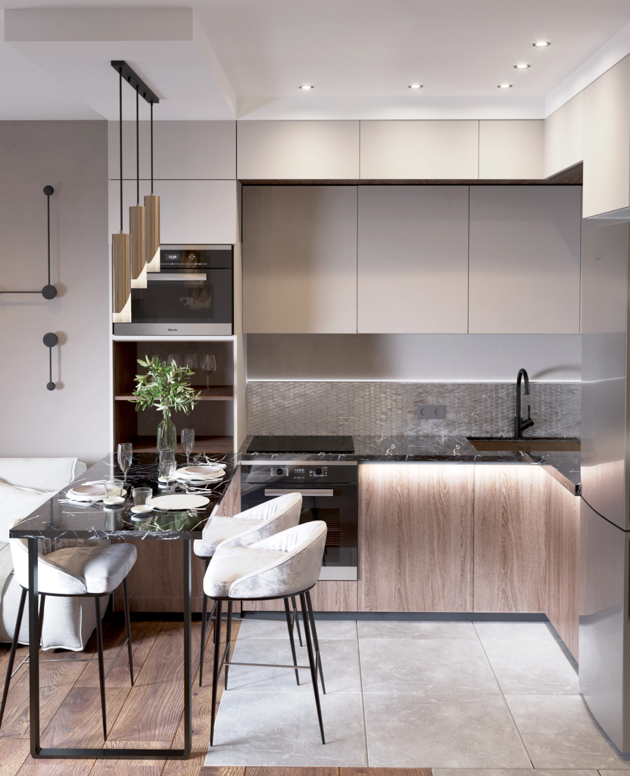 Кухня-гостиная в однокомнатной квартире в ЖК "Селигер Сити"