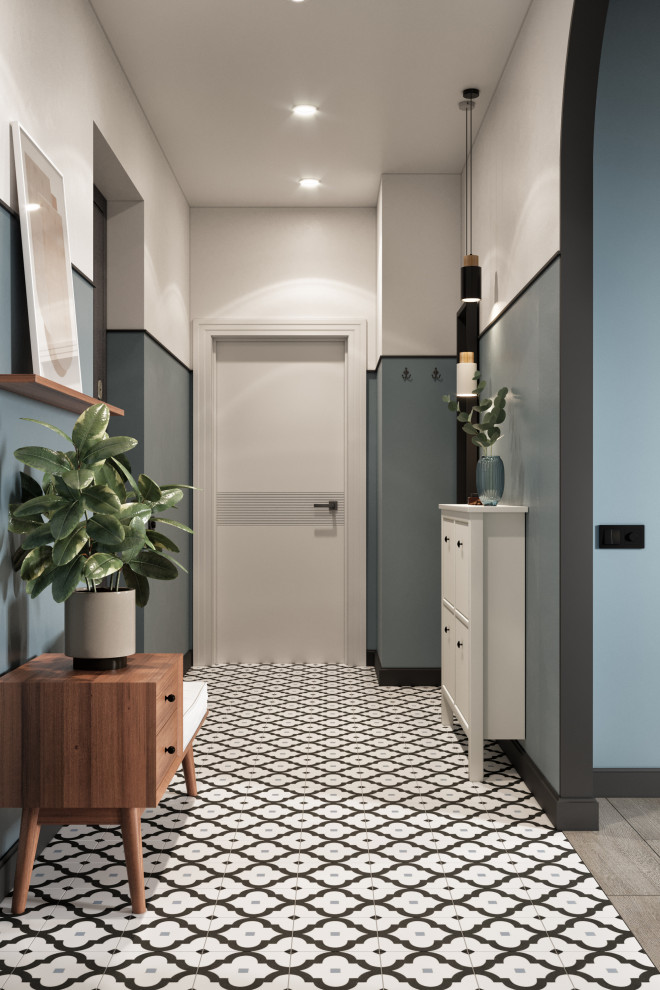 Дизайн квартиры в современном стиле. Цветные акценты и библиотека в 90 м. кв.