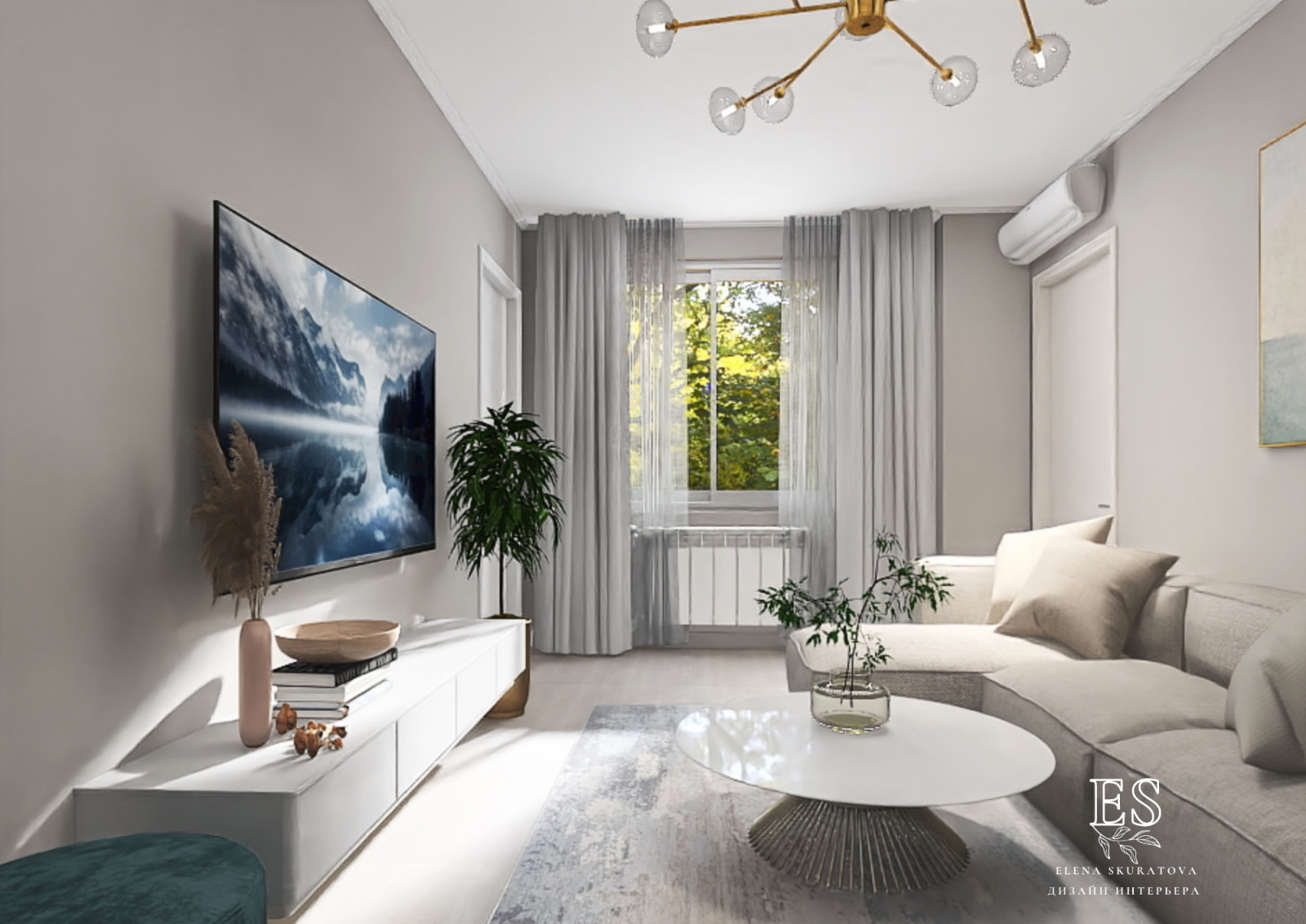 Квартира в бежевых оттенках с голубыми акцентами