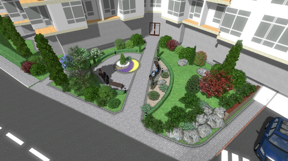 Входная группа многоквартирного дома с детской площадкой