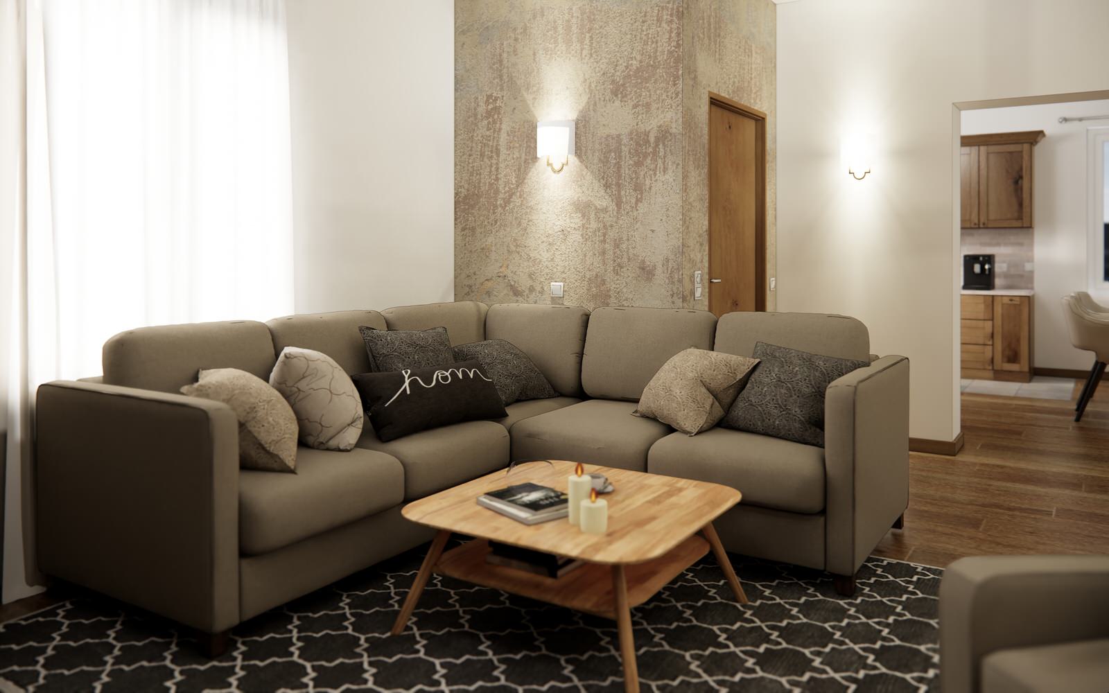 Дом в немецком стиле: кухня и гостиная с камином и лестницей