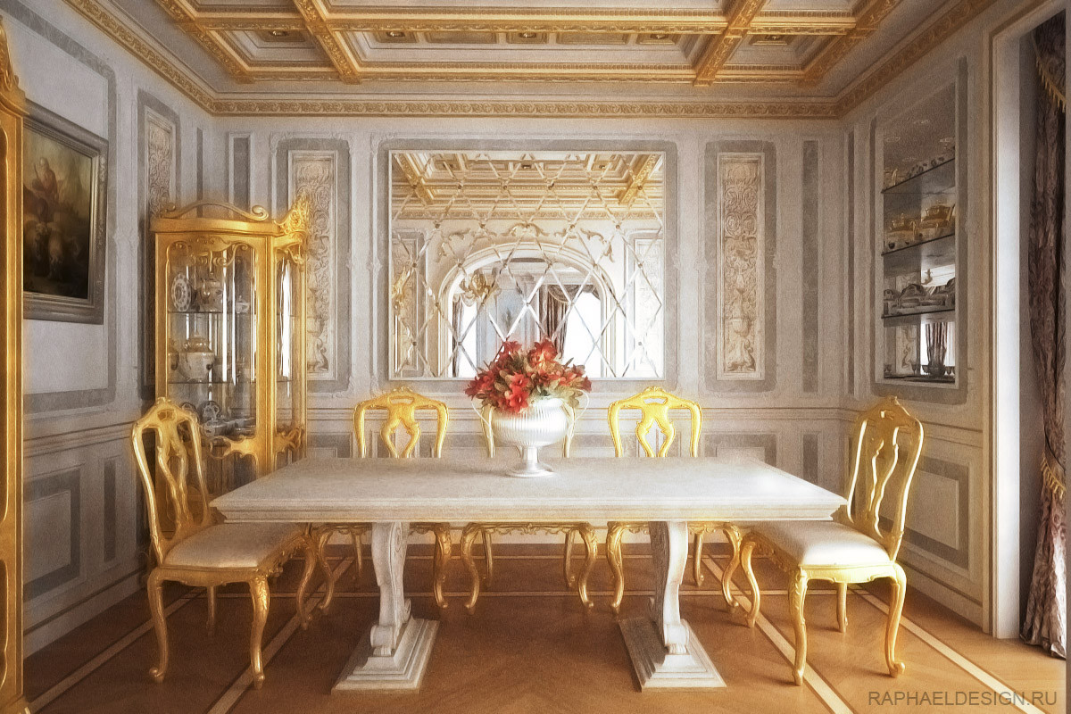 Дизайн интерьера столовой загородного дома в классическом стиле