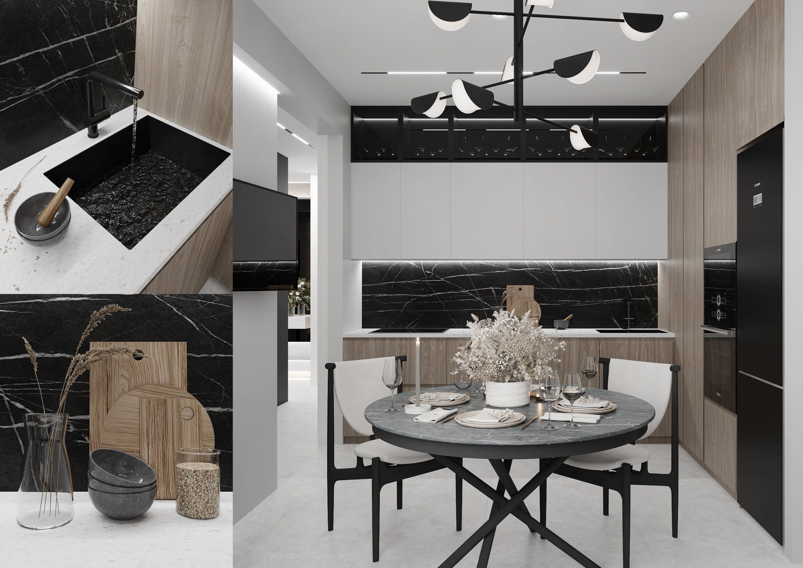 Кухня с панелями под чёрный мрамор