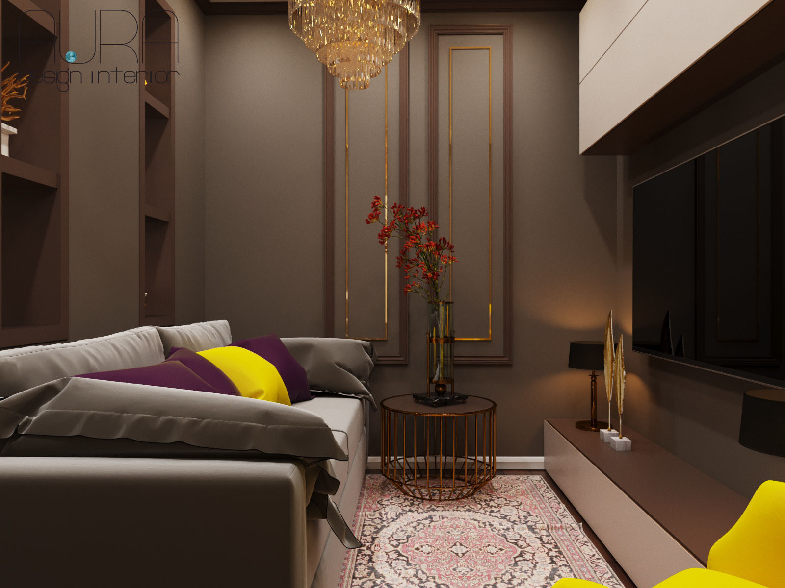 Дизайн квартиры, спальня гостиная в темных тонах