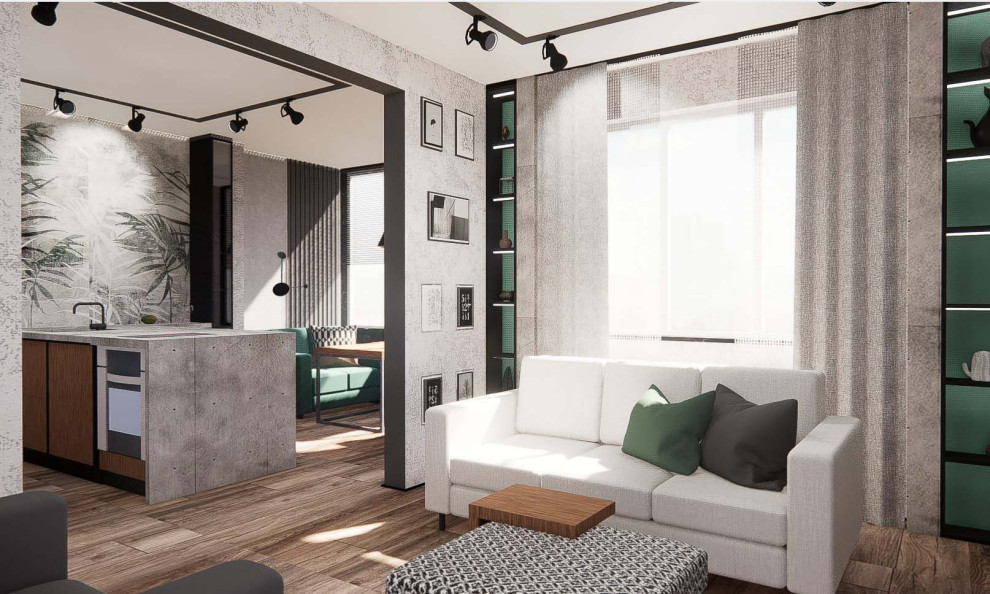 Графичный интерьер с элементами брутализма