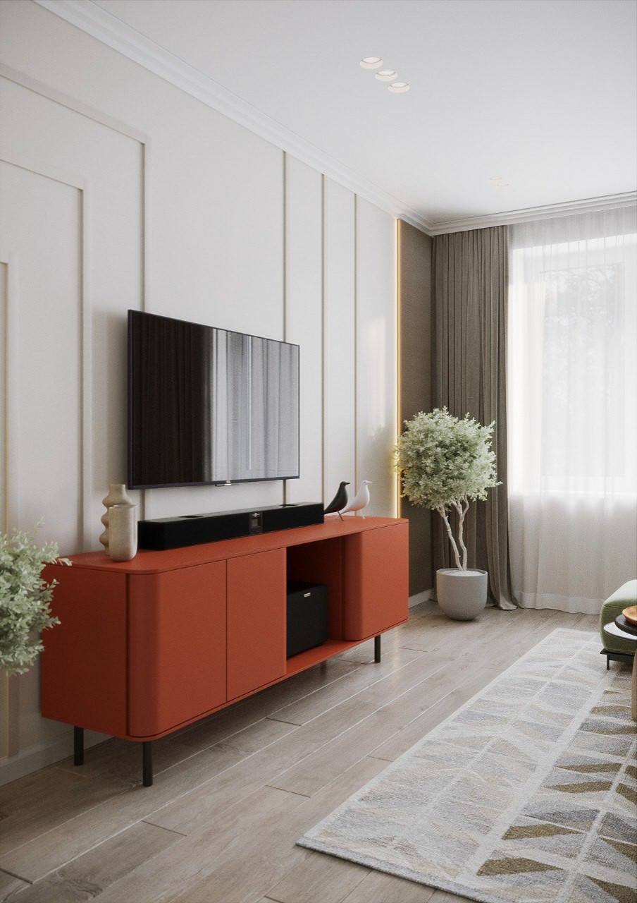 Яркий дизайн кухни-гостиной для молодой семьи