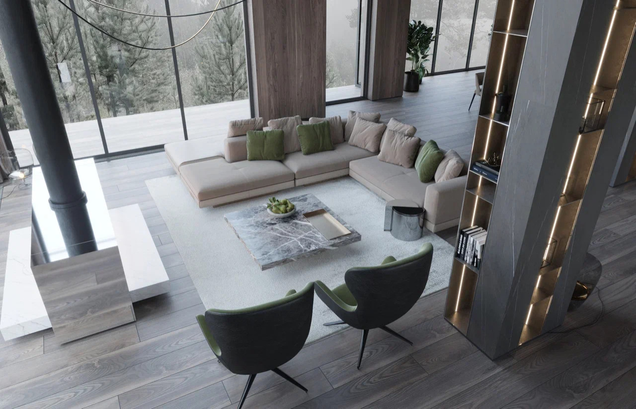 Главная зона в интерьере дома в КП Променад