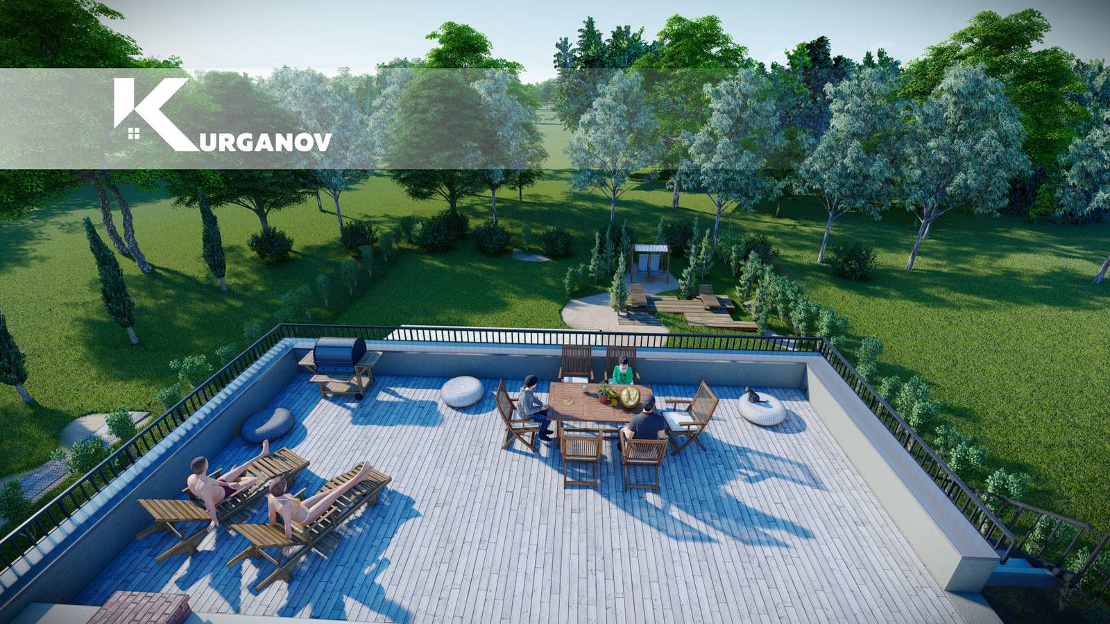 Проект жилого одноэтажного дома c плоской эксплуатируемой кровлей  гаражом и тер