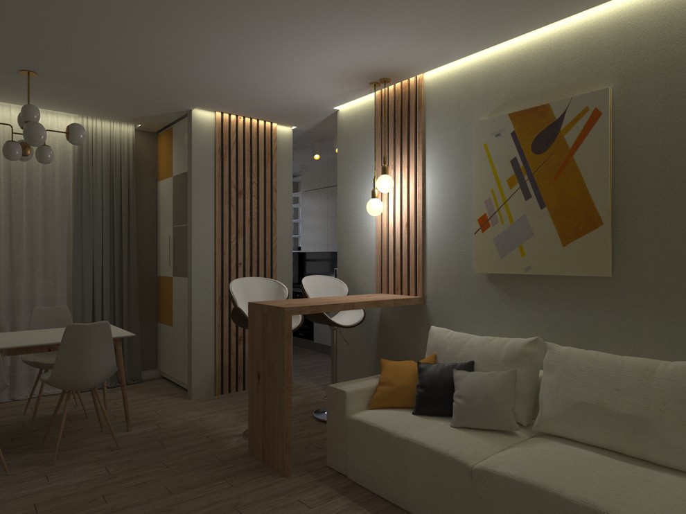 Гостиная с биокамином и барной стойкой