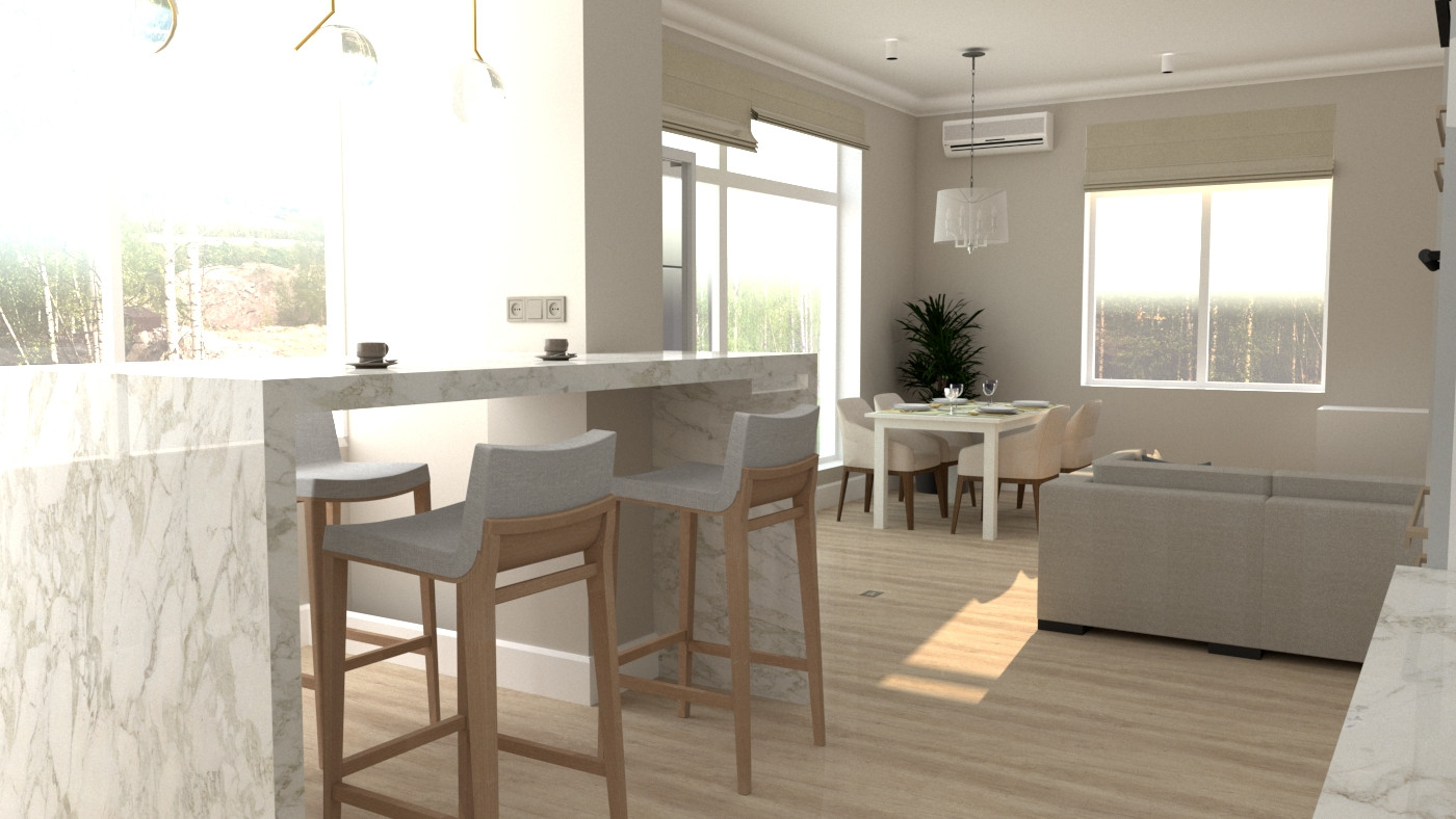 Кухня-гостиная с видом на овраг