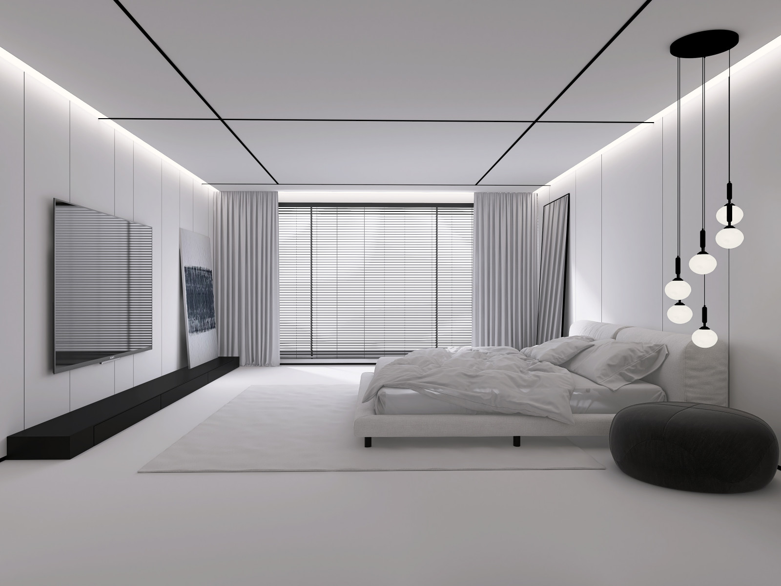 Белая спальня в стиле минимализм.  Основная чертами этой спальни это большая гар