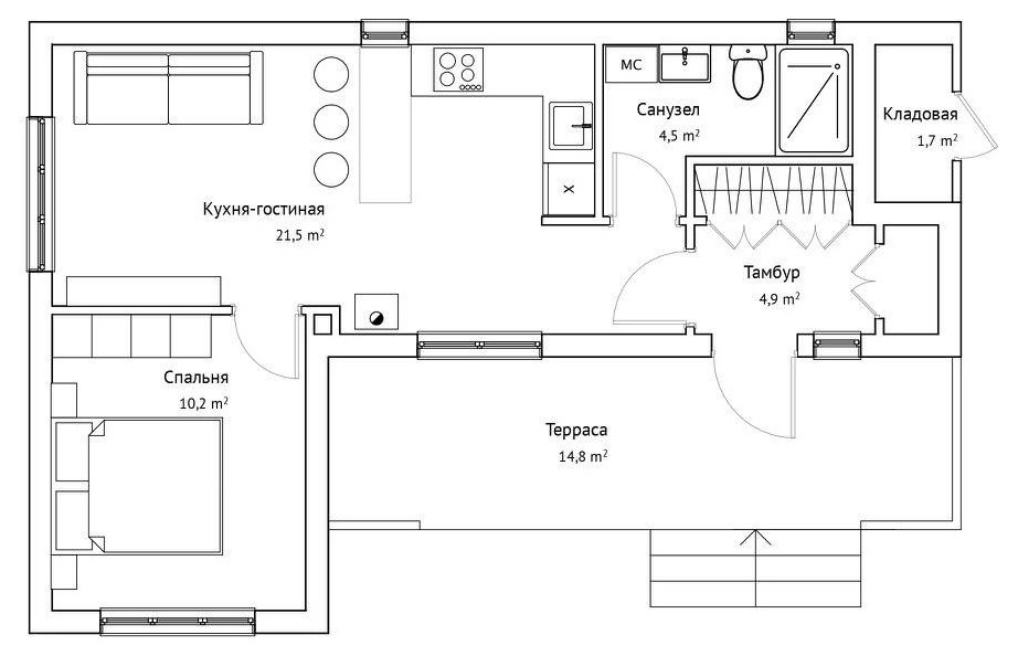 Одноэтажный каркасный дом 9.8 х 7.4 м. с одной спальней.